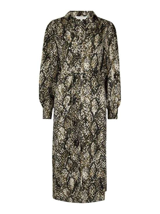 Атласное платье-рубашка миди со змеиным принтом